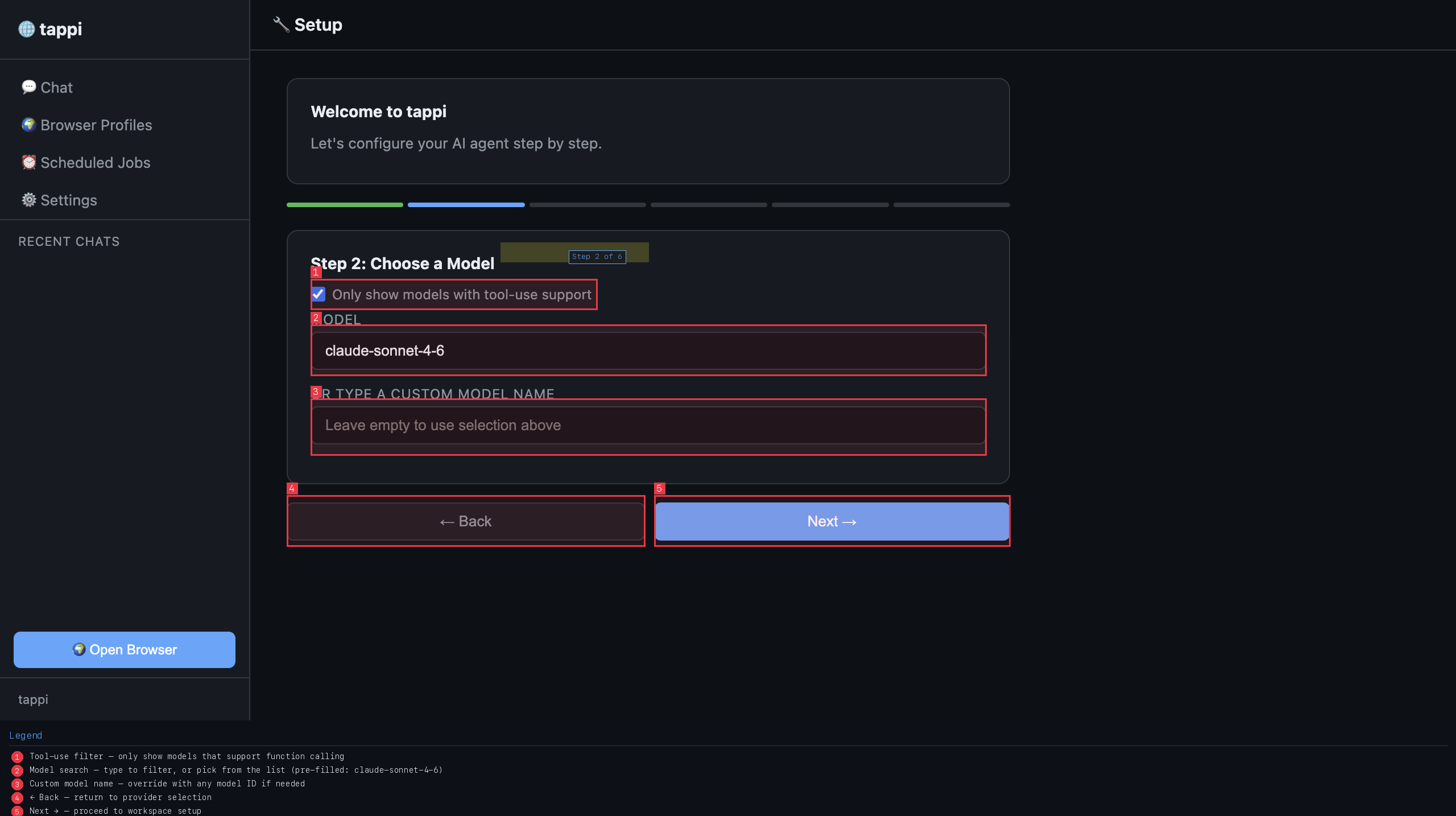 Model Selection — search, filter, and custom override