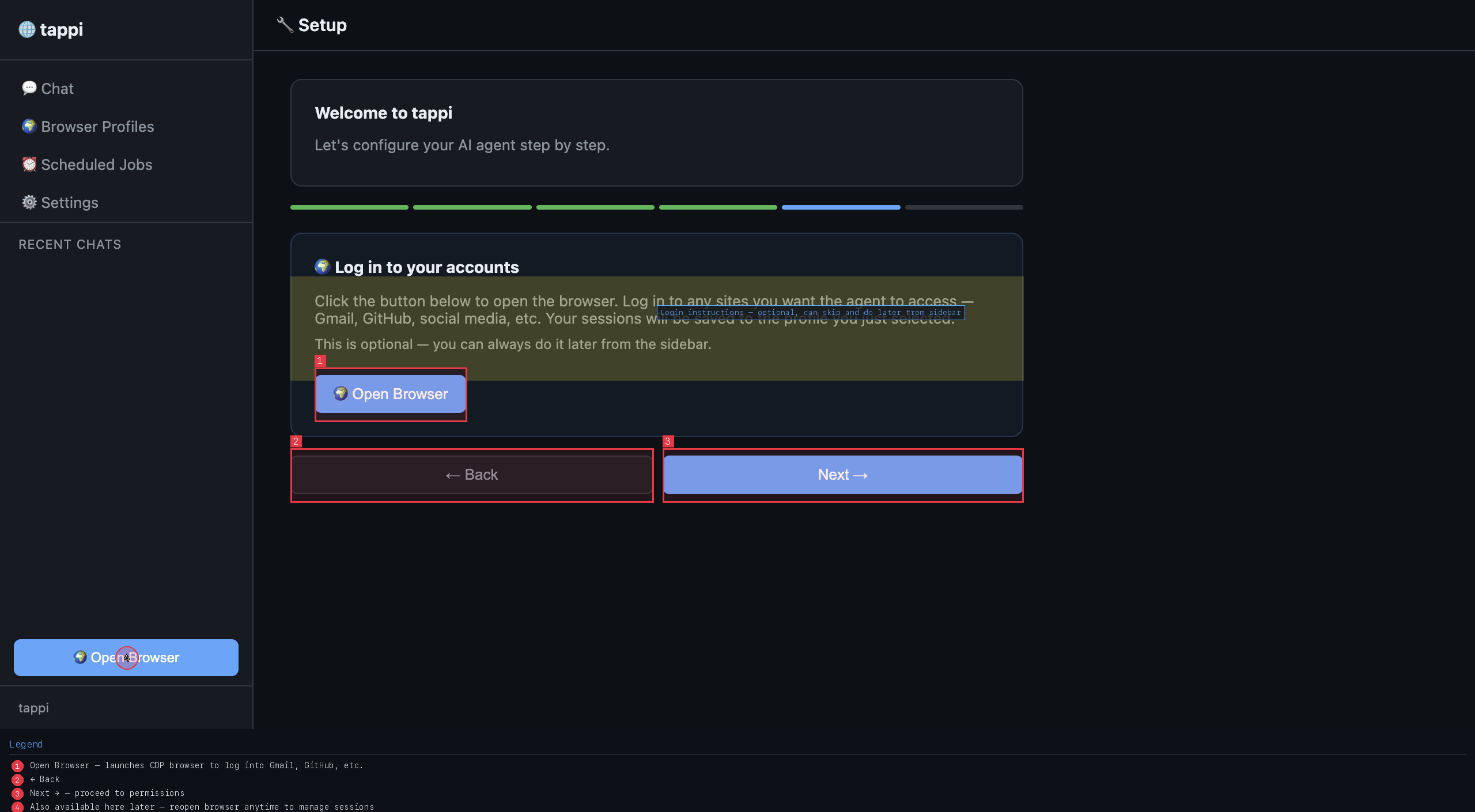 Login step — open browser to log into sites
