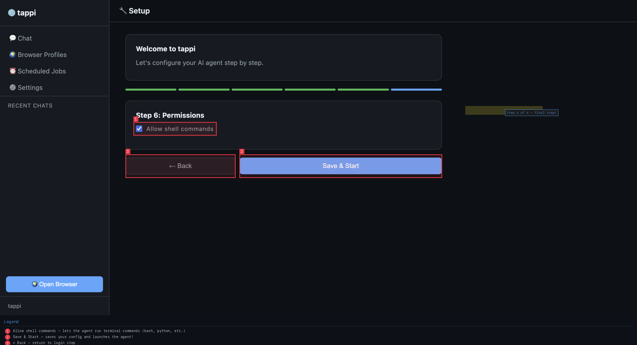 Permissions step — shell commands and Save & Start