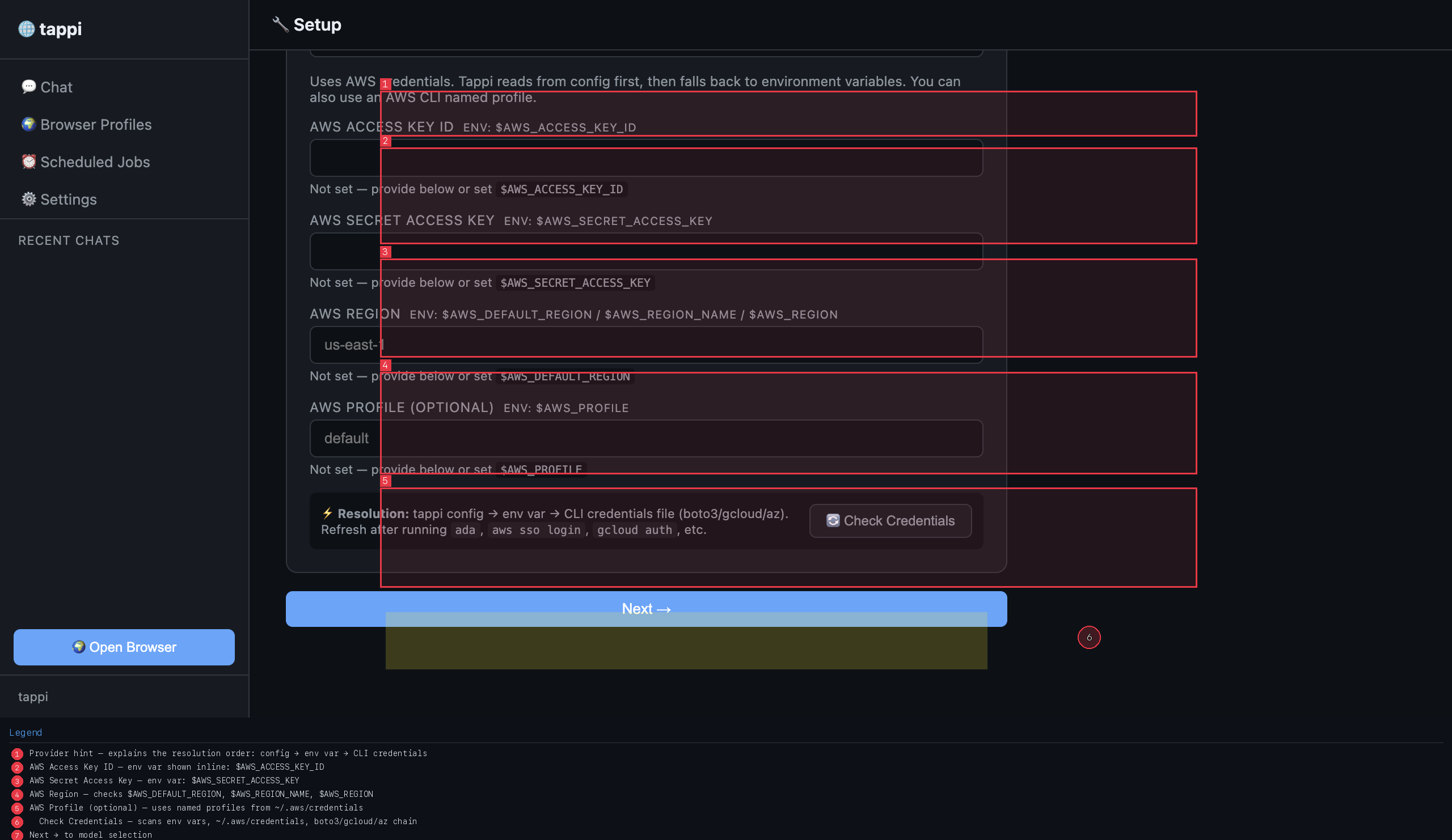 AWS Bedrock setup — scrolled to show Check Credentials button
