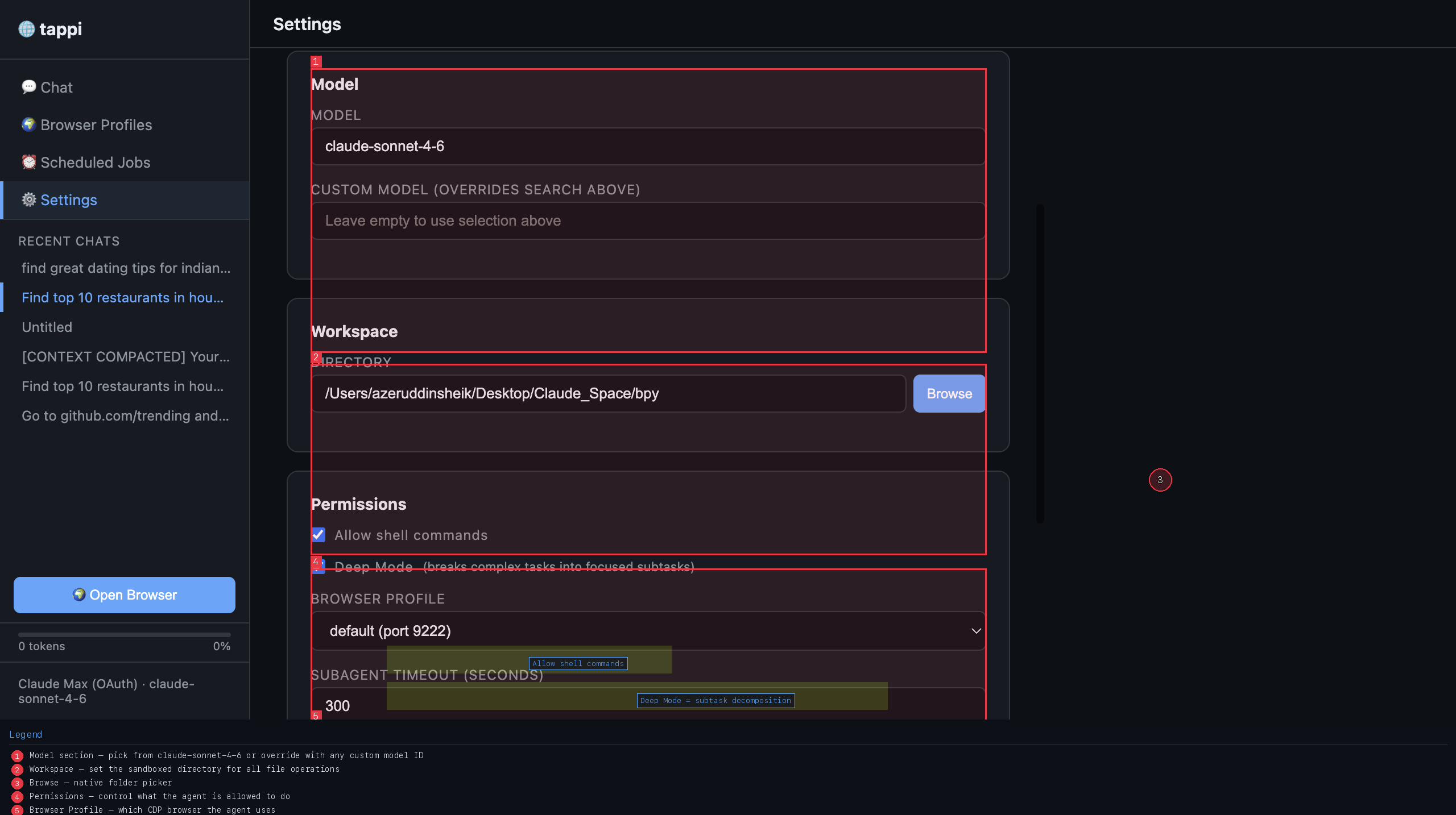 Settings — Workspace, Permissions, and Save