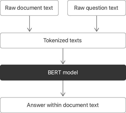 Flow diagram showing the information being processed through the BERT model. The text of the document, and the text of the question start as raw text, which transitions to "tokenized texts". The tokenized text is the input for the BERT model, and its output is labeled as "Answer within document text."