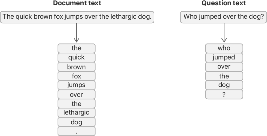 Flow diagram showing the conversion of raw strings into tokens. The example document text, and example question text, each start as a contiguous raw string, and transition to a sequence of tokens. Each token is a complete word or a punctuation mark, such as a period or question mark.