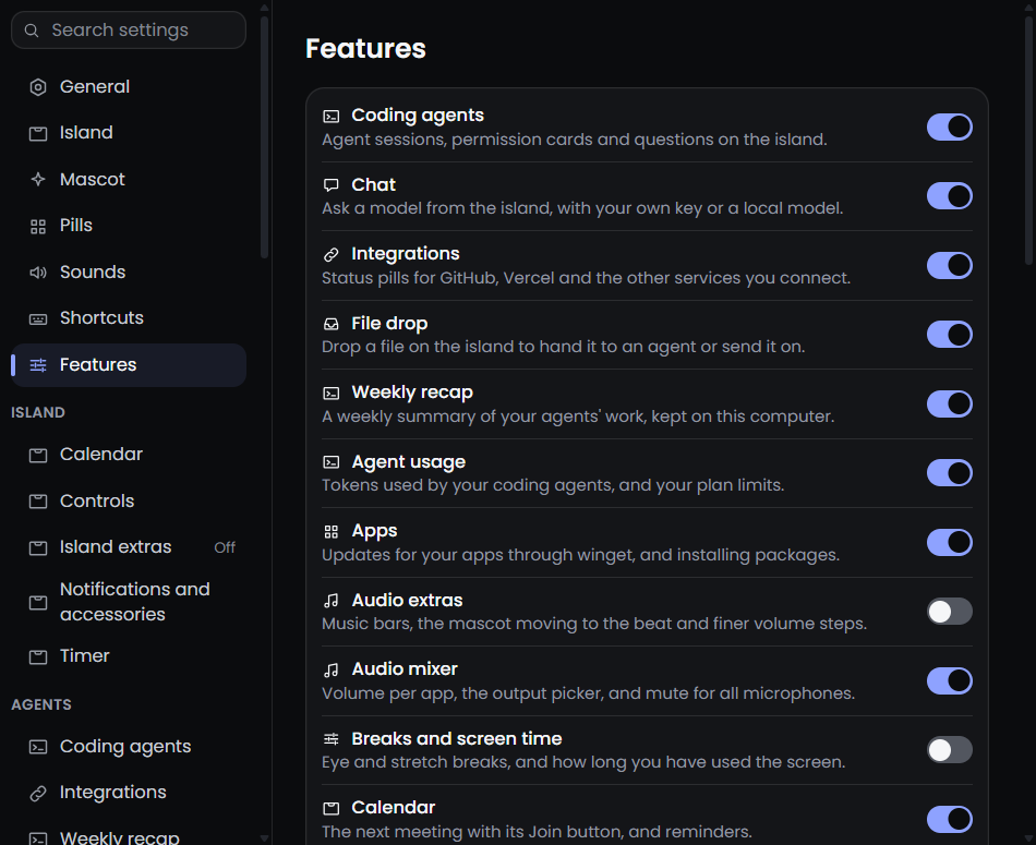 The Features page of Settings