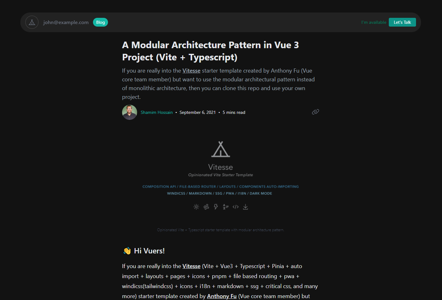 A Medium like blog template made by Vue + Typescript + Dark mode