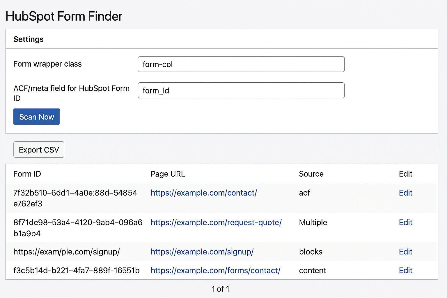 HubSpot Form Finder admin UI