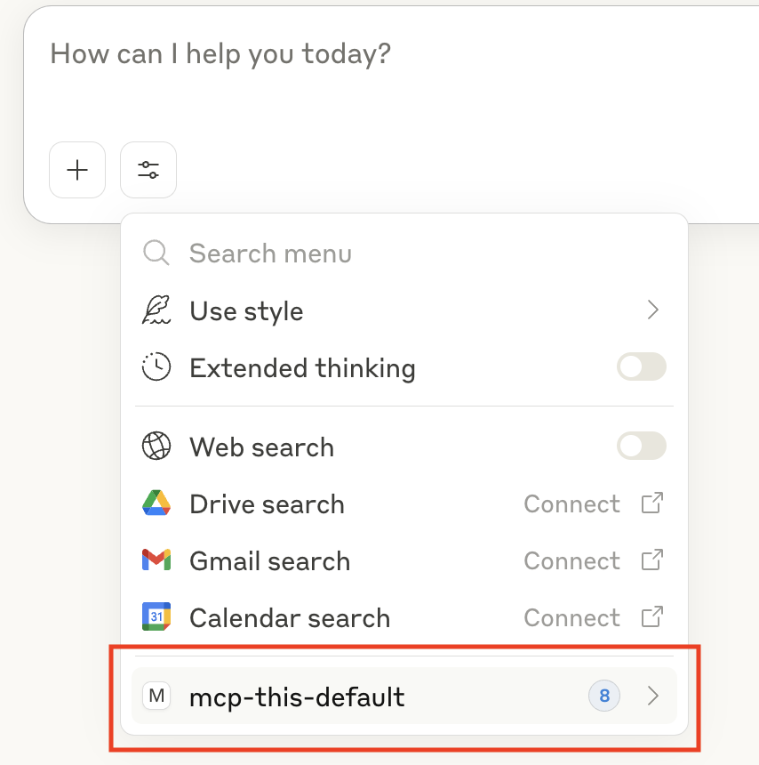 Claude Desktop showing mcp-this-default server