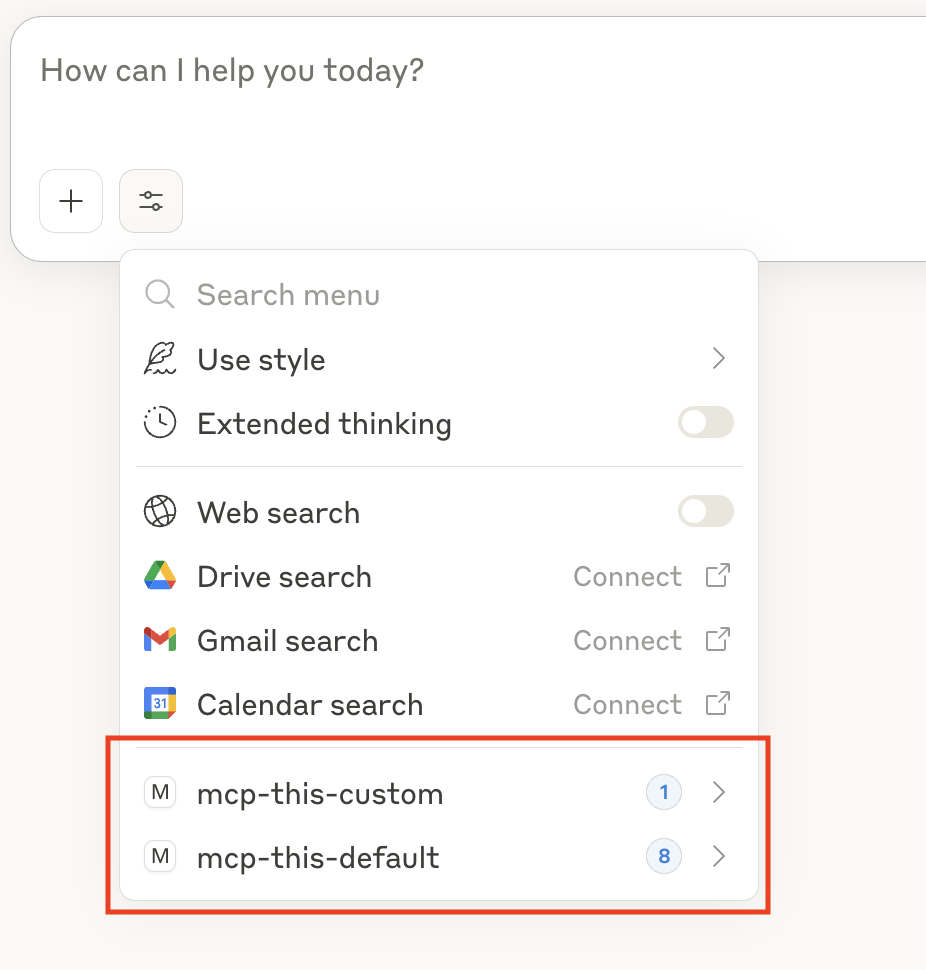 Claude Desktop showing both default and custom servers