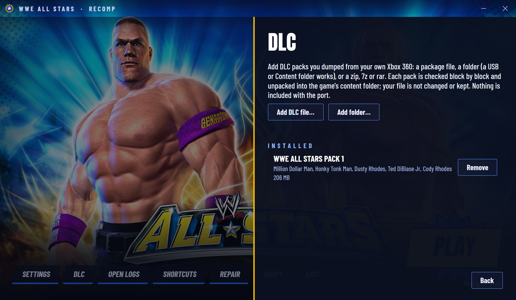 The DLC page with Pack 1 (Million Dollar Pack) installed