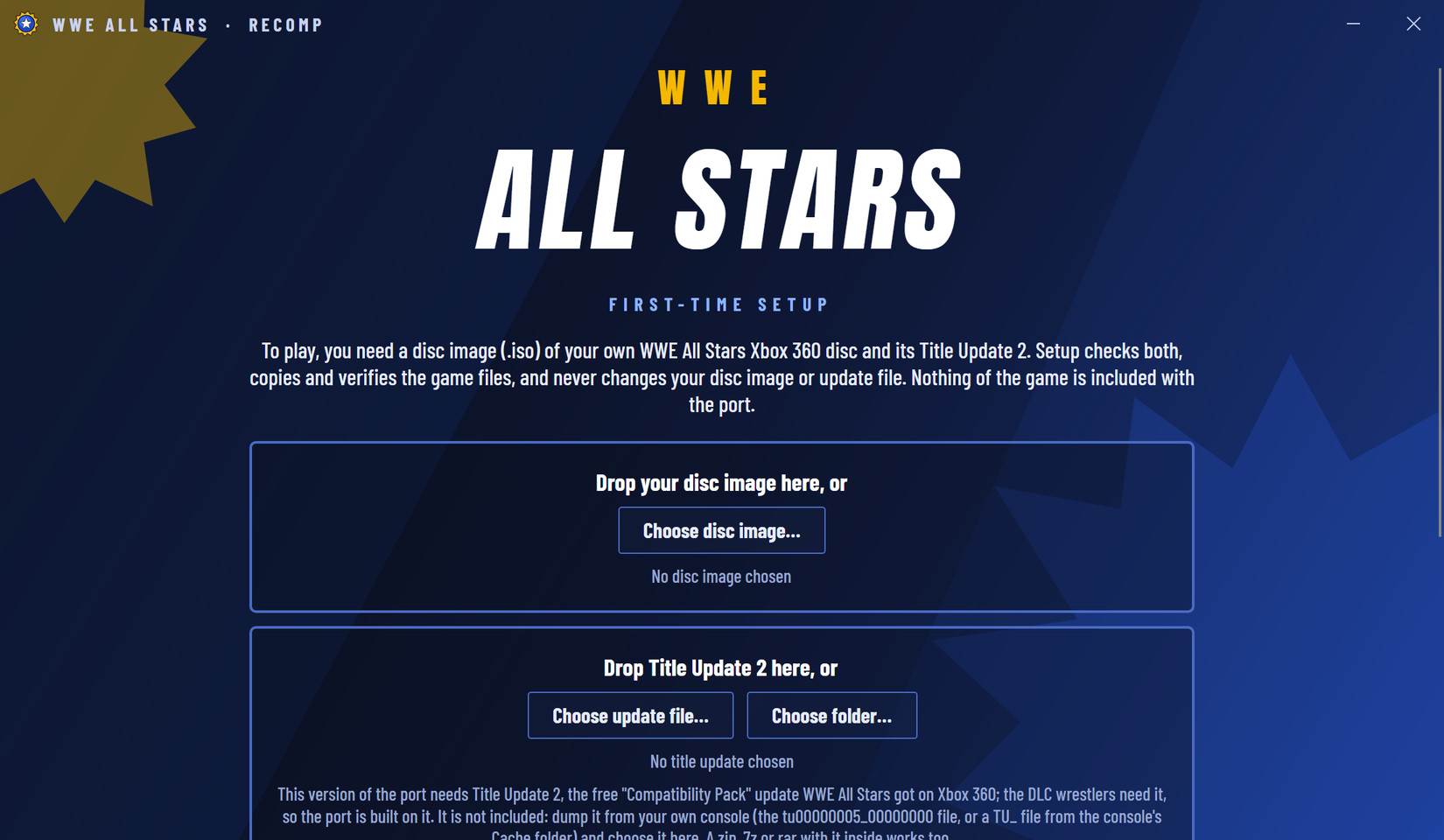 First-time setup: choose your disc image and Title Update 2