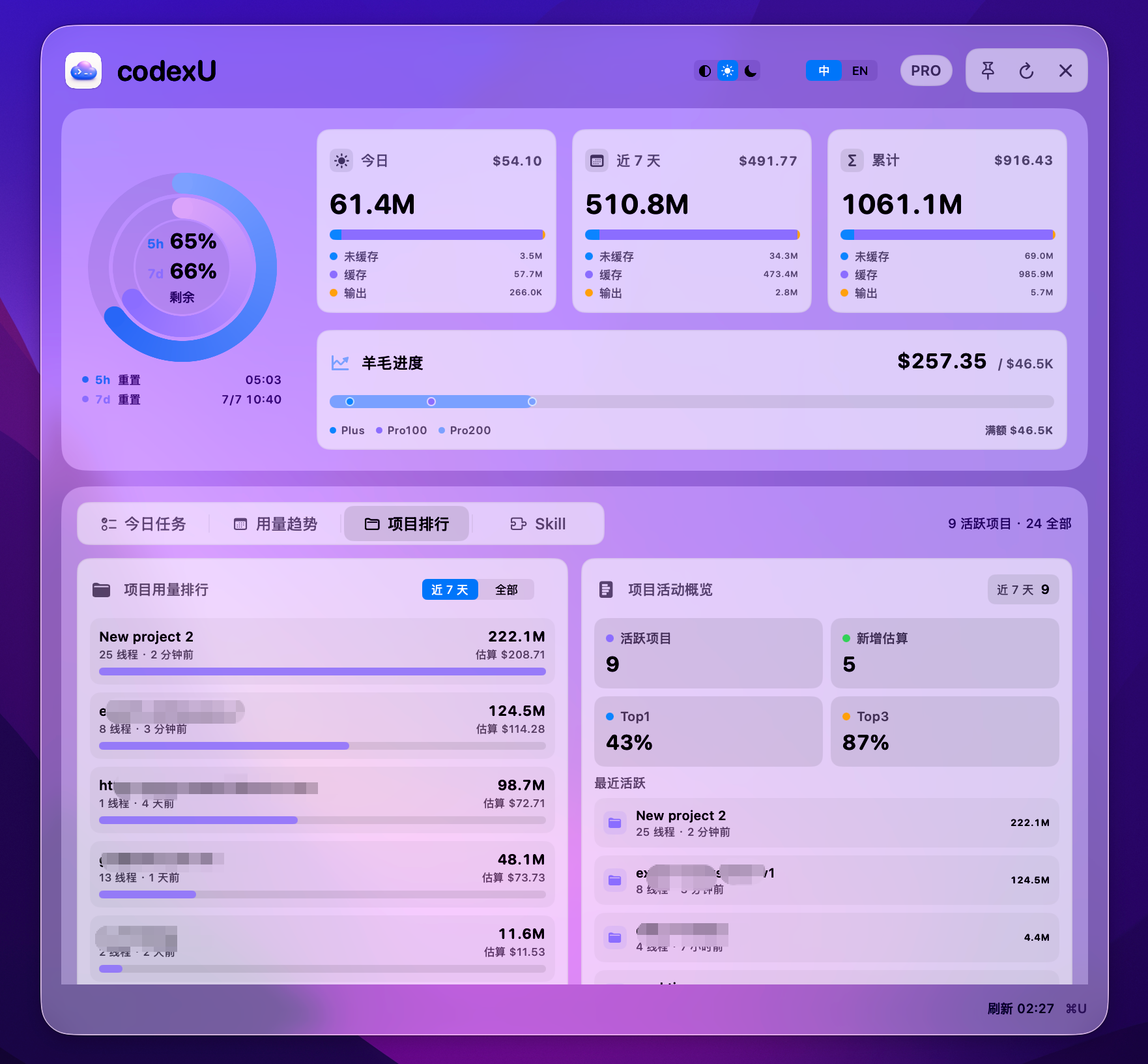codexU 项目排行视图