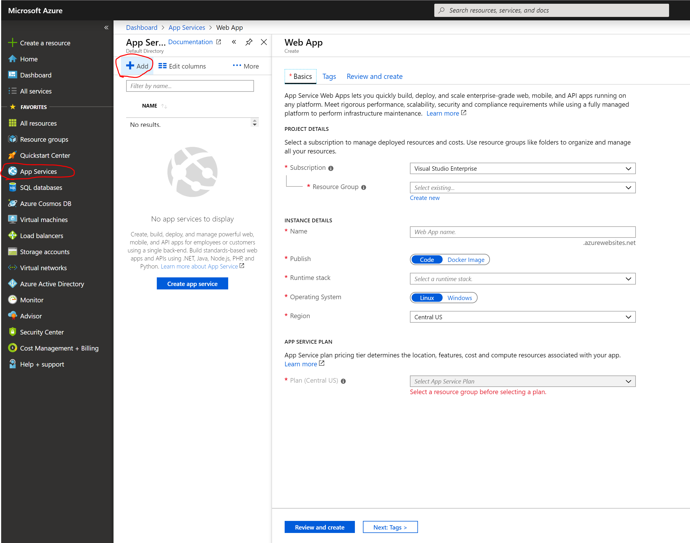 Create an Azure app service in Azure portal