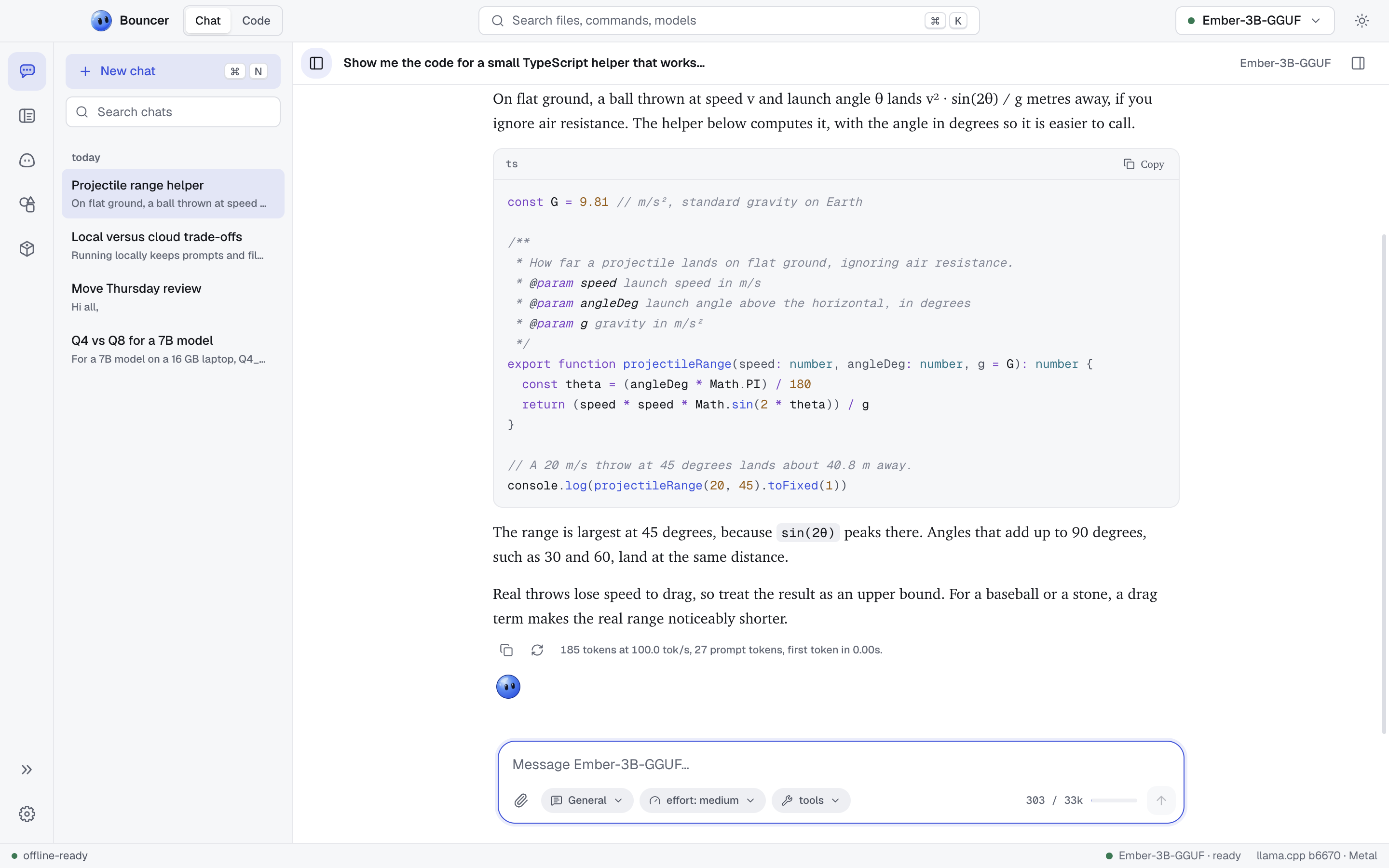 Bouncer Chat with a finished reply: a code block, and the Bouncer orb under the reply