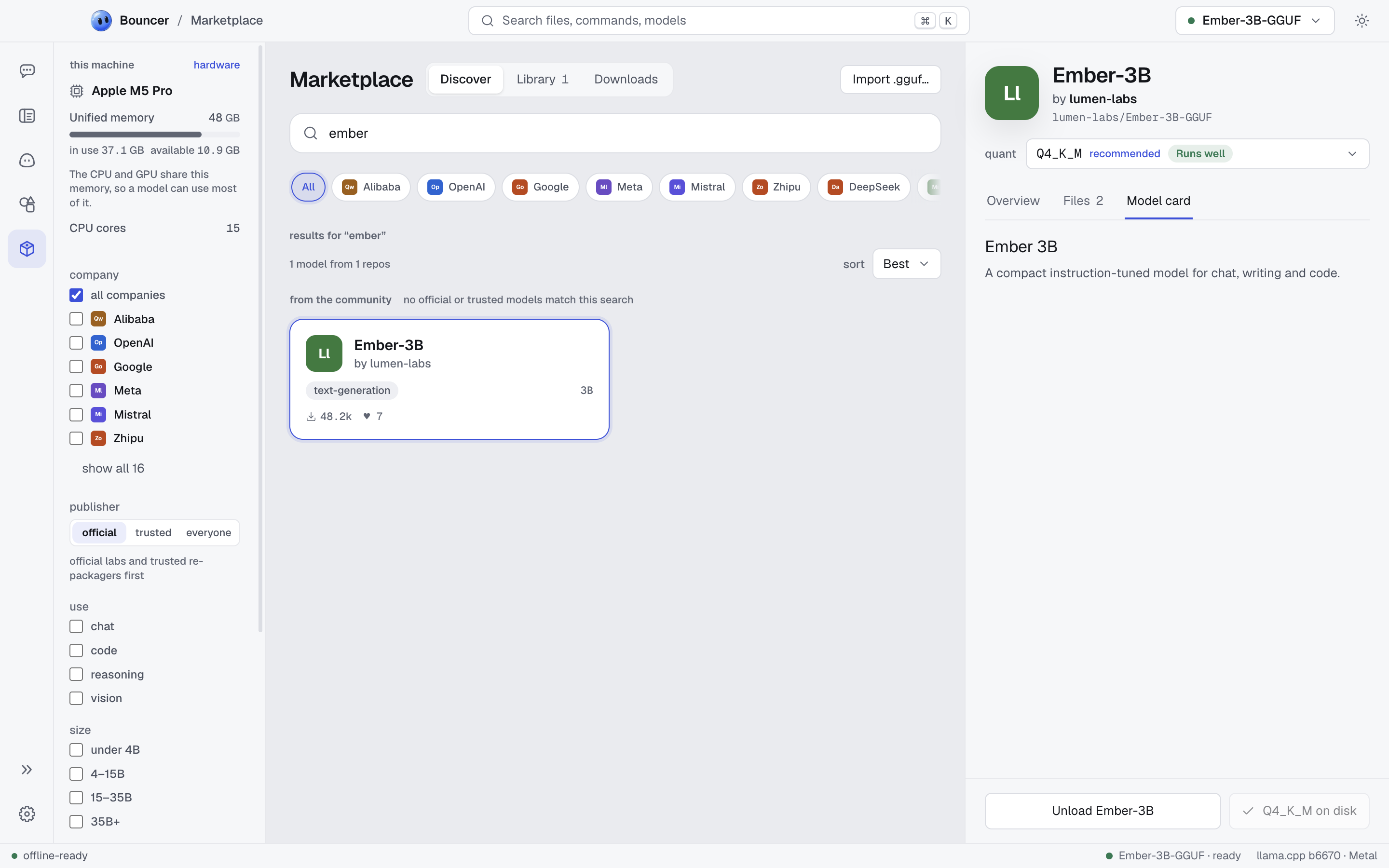 A model page in the Marketplace, with its quant picker and model card