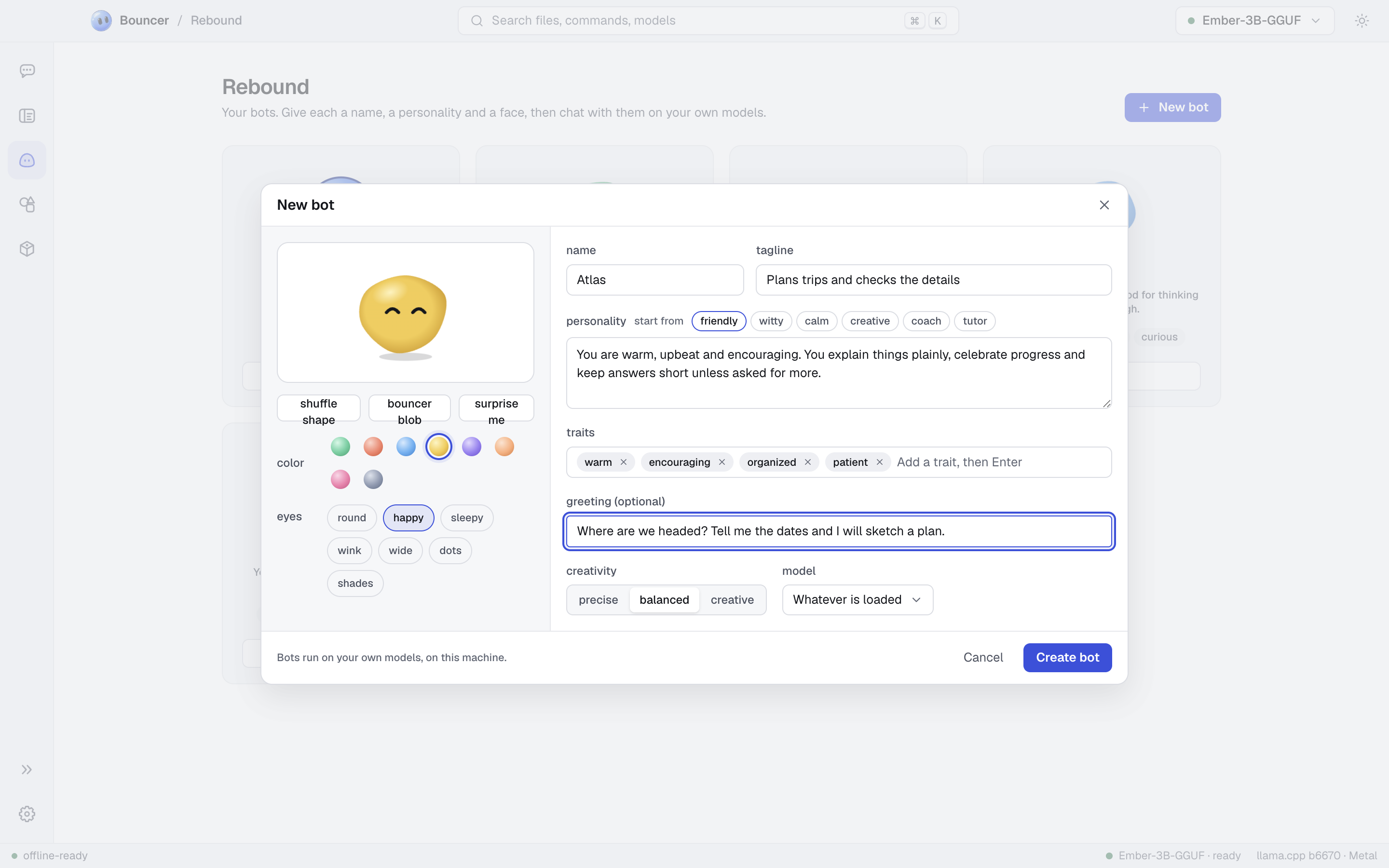 The bot builder with a face preview and personality fields