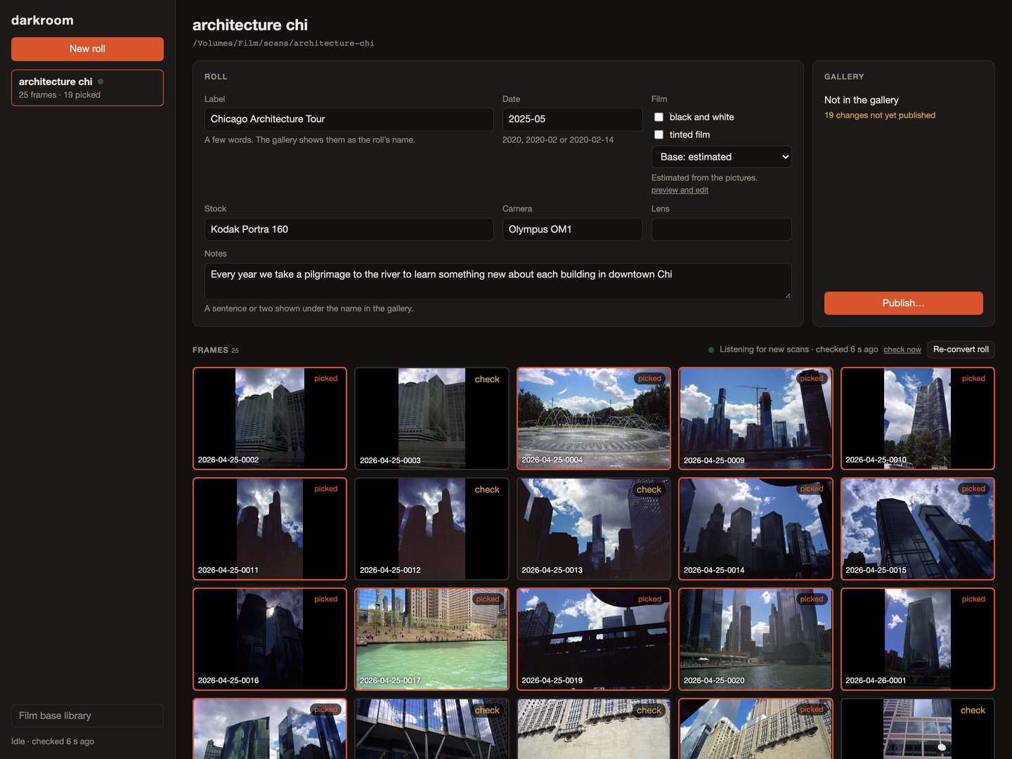 The studio: a roll's details and its contact sheet