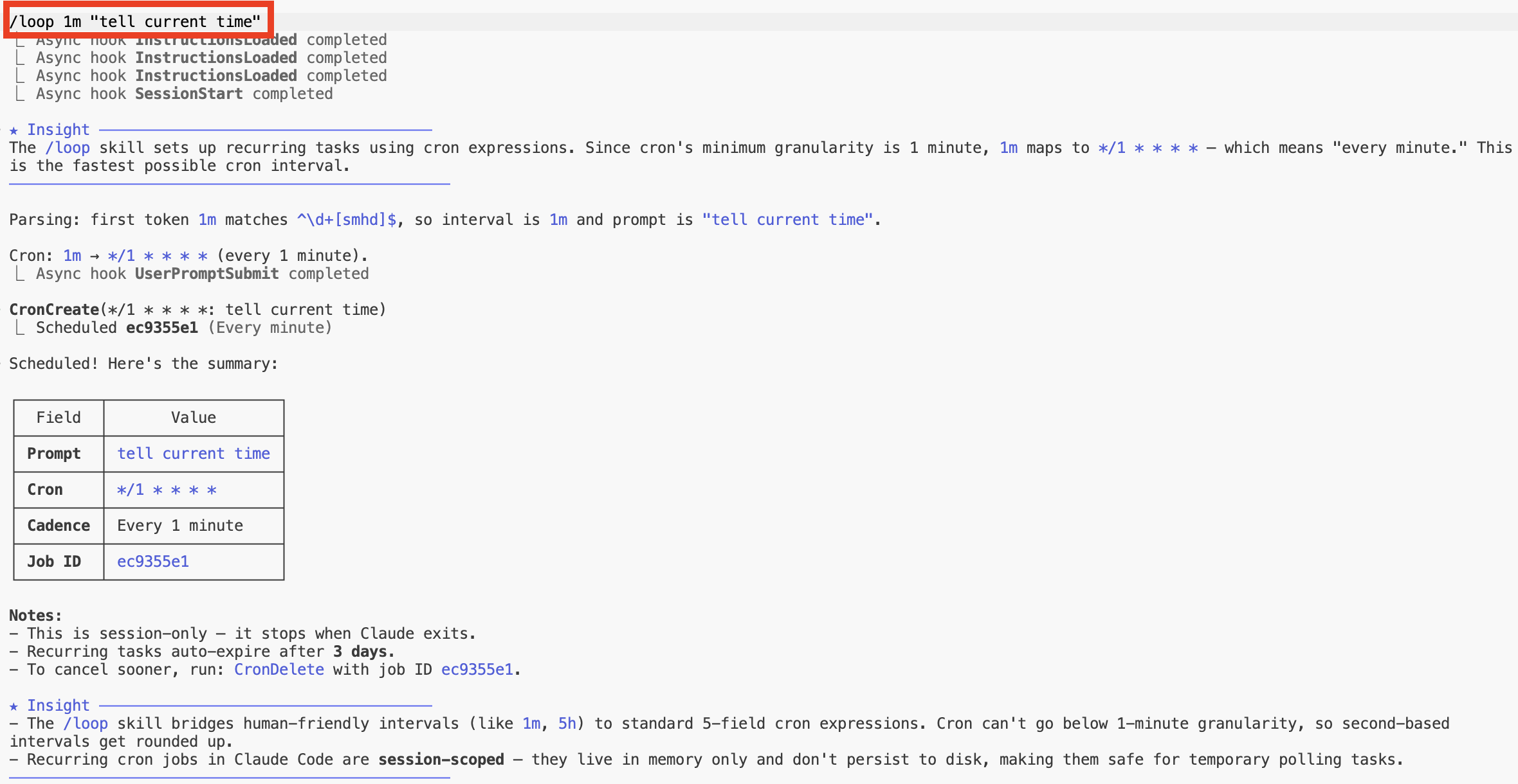 /loop 1m tell current time — scheduling and cron setup