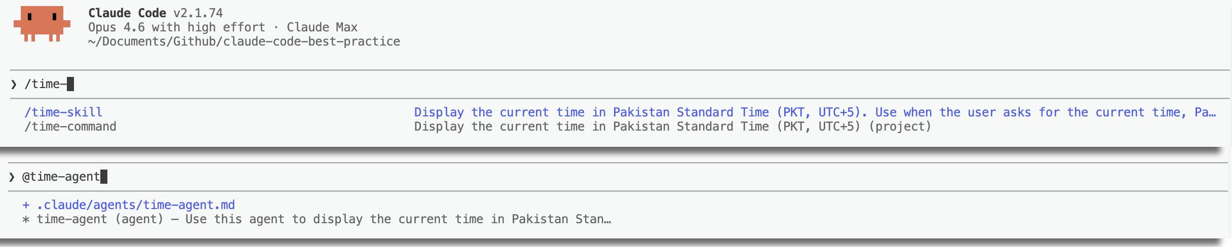 Slash menu showing time-skill, time-command, and time-agent