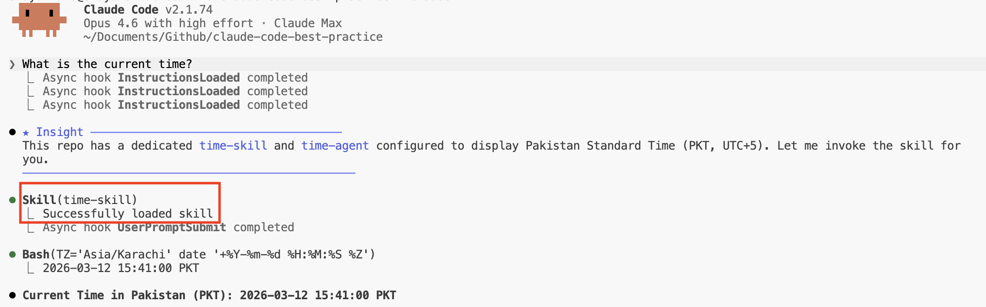 Claude auto-invoking time-skill when user asks "What is the current time?"