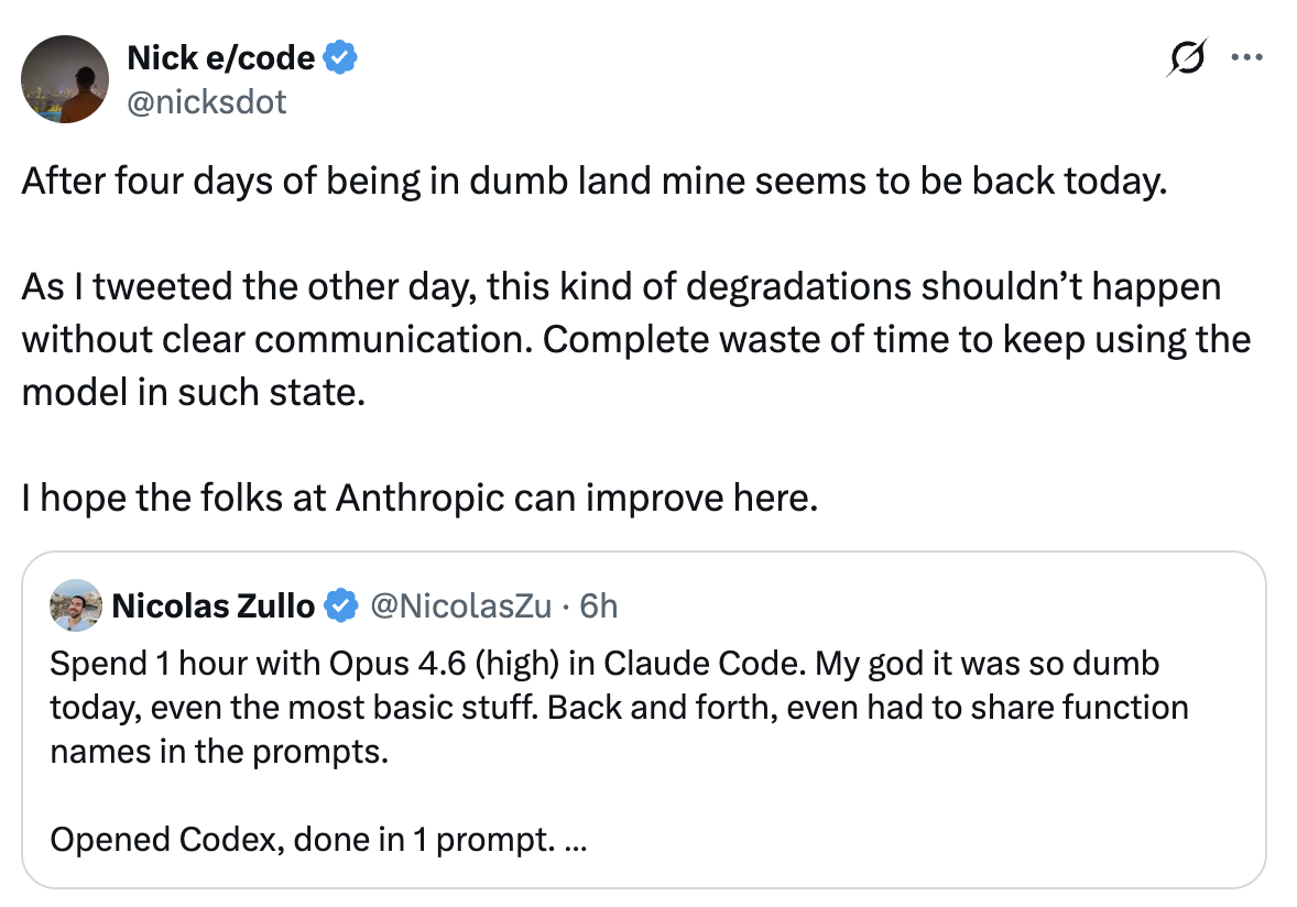 Twitter users reporting day-to-day Claude quality degradation