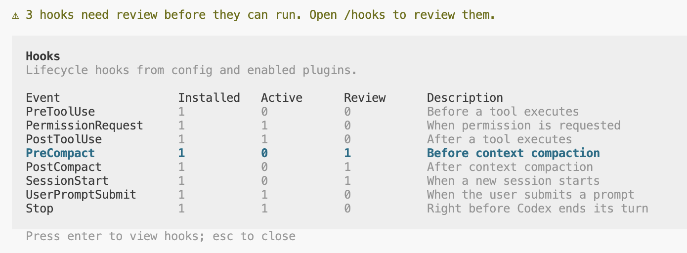 Codex CLI showing hooks need review