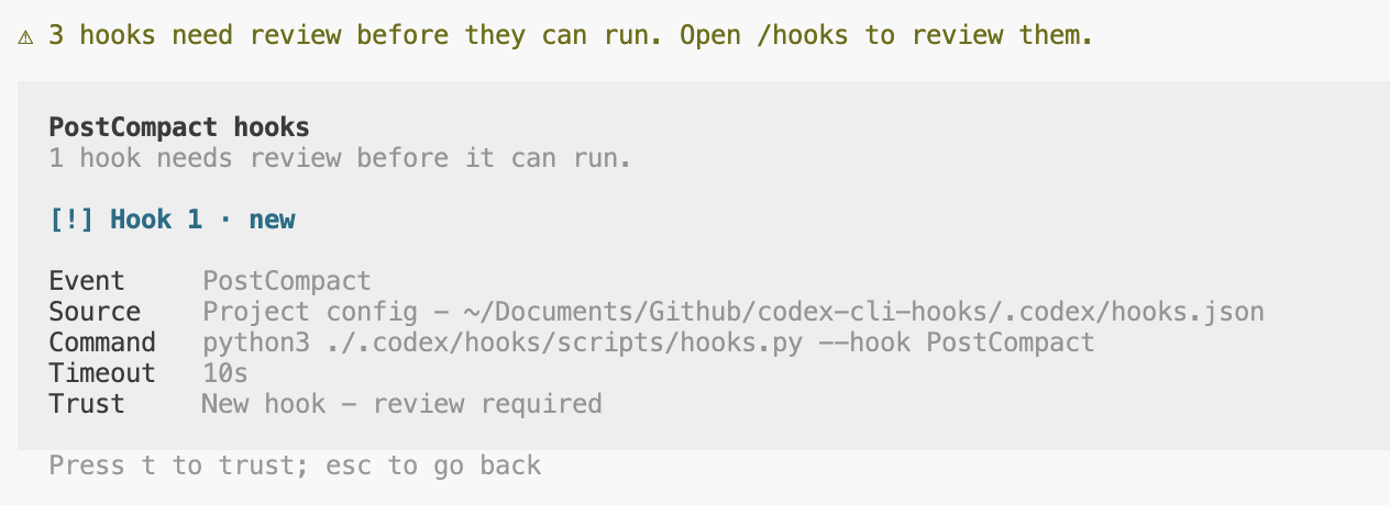 Codex CLI /hooks trust prompt