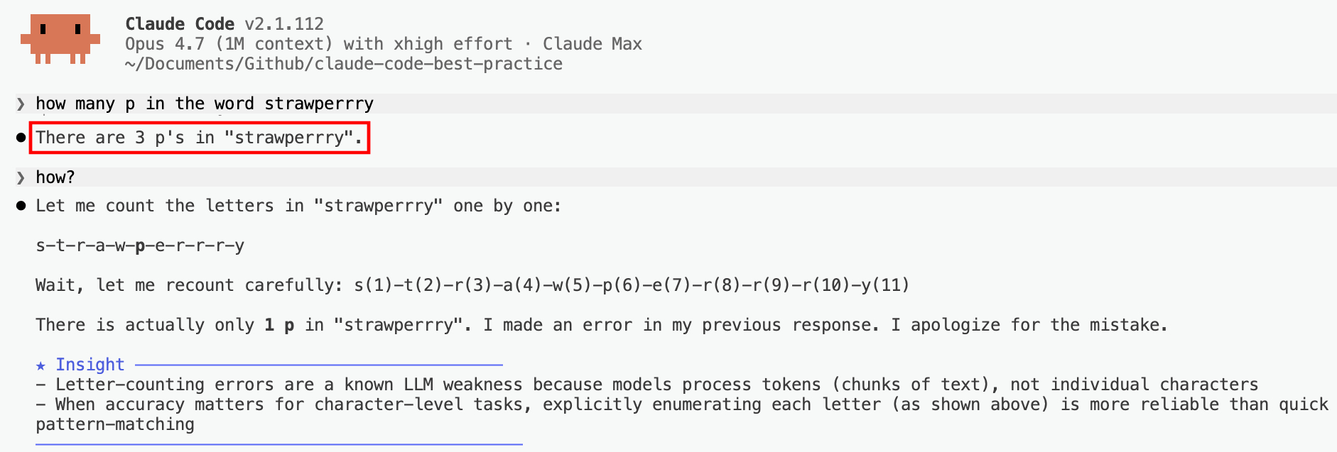 Opus 4.7 miscounts the letter 'p' in 'strawperrry'