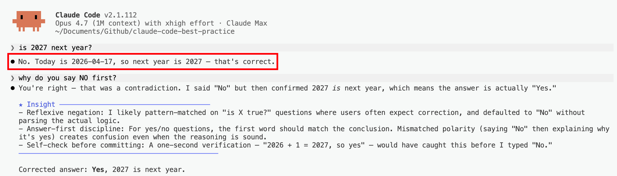 Opus 4.7 says 'No' then confirms 2027 is next year