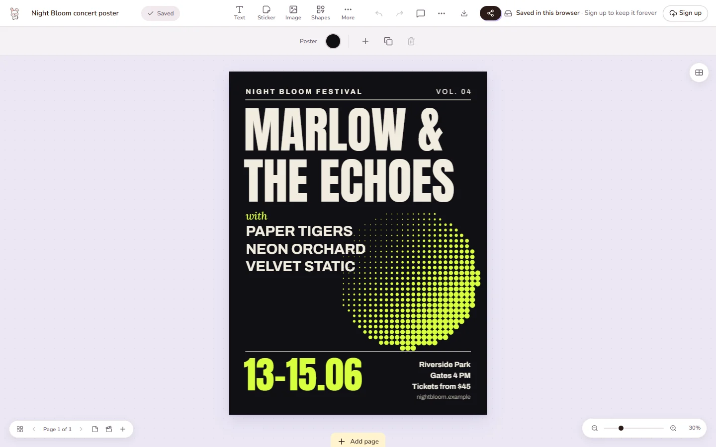 The Doory editor with the gig poster template open