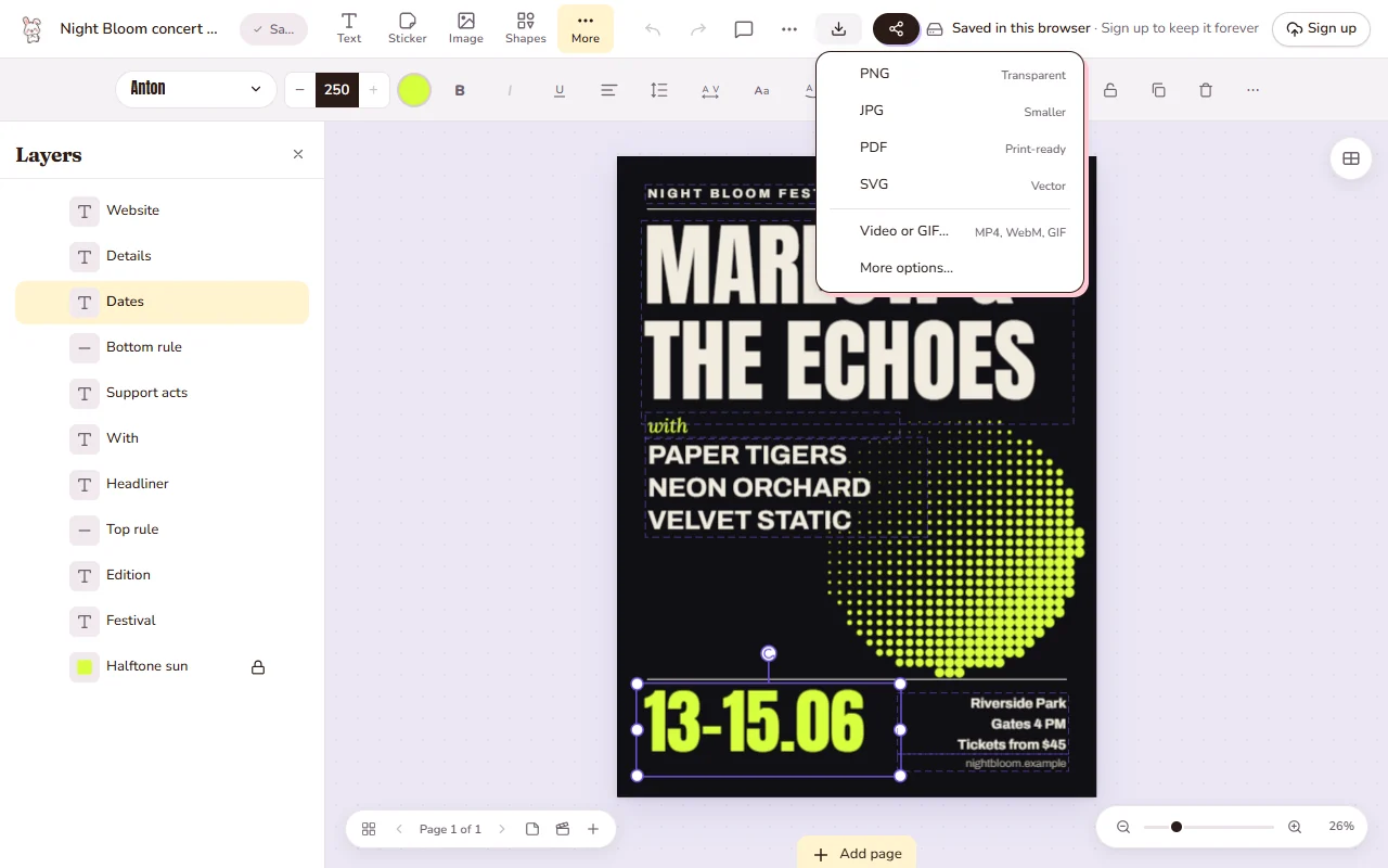 The export menu: PNG, JPG, PDF, SVG, video and GIF