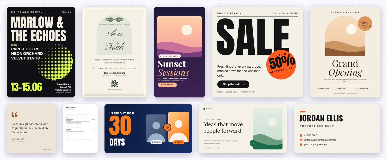 Ten starter templates: a gig poster, a wedding invitation, an event story, a sale post, a café flyer, a quote card, a resume, a YouTube thumbnail, a pitch deck and a business card