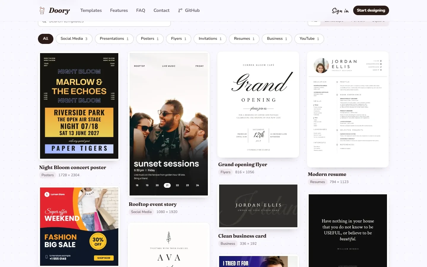 The template gallery with category filters