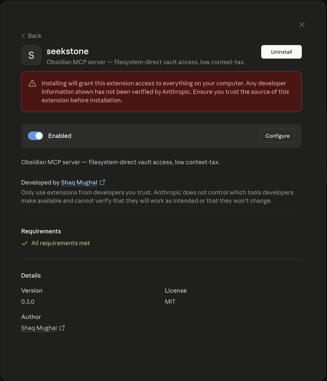 Claude Desktop showing the seekstone installation dialog