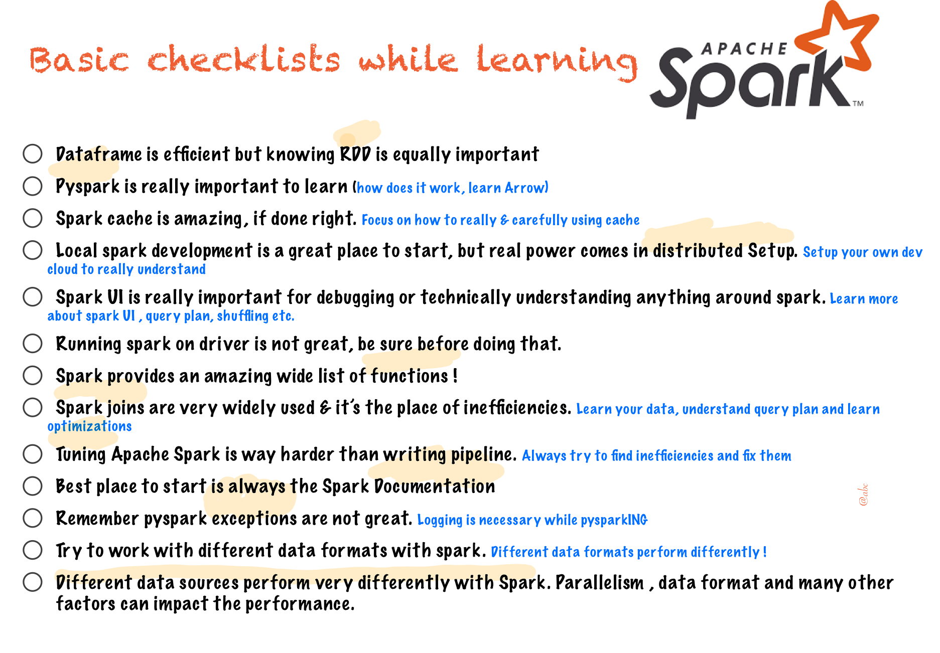 Basic Checklists while learning Apache Spark