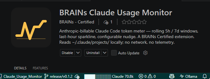 BRAINS Claude Usage Monitor — VSCode window showing the live status-bar fill bar at the bottom
