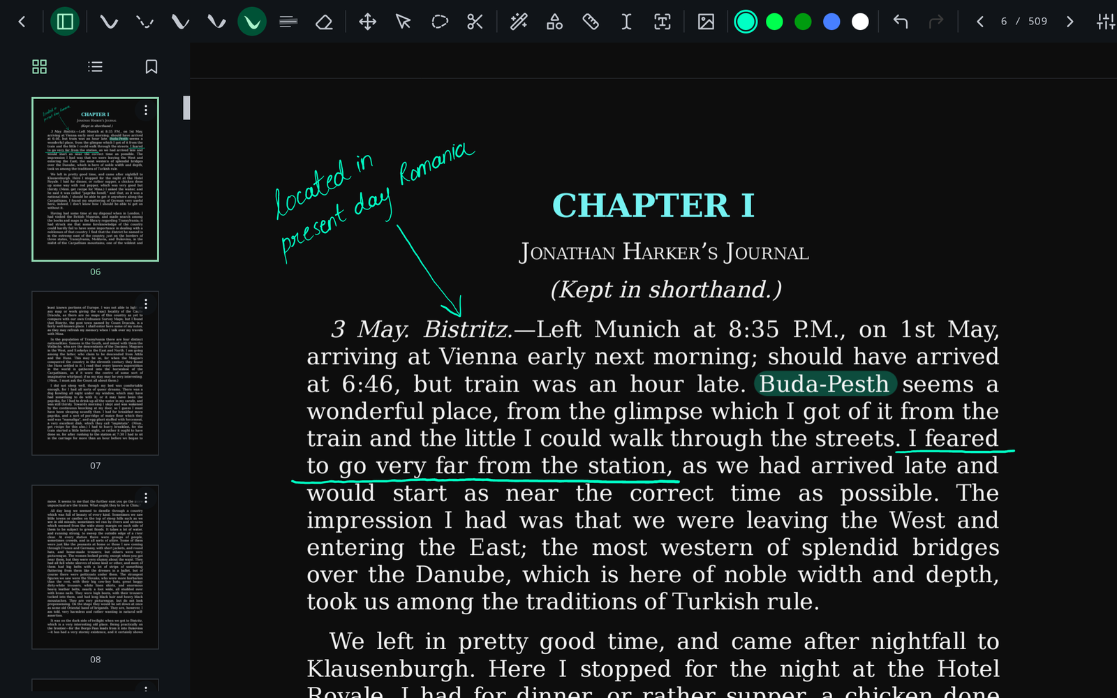 The xnotes editor with a PDF open in dark mode, annotated by hand with a note, an arrow, a highlight and an underline, and page thumbnails down the left