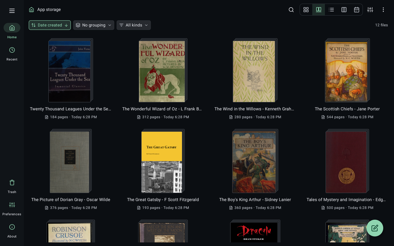The xnotes file explorer in gallery view, showing a grid of imported book covers with page counts
