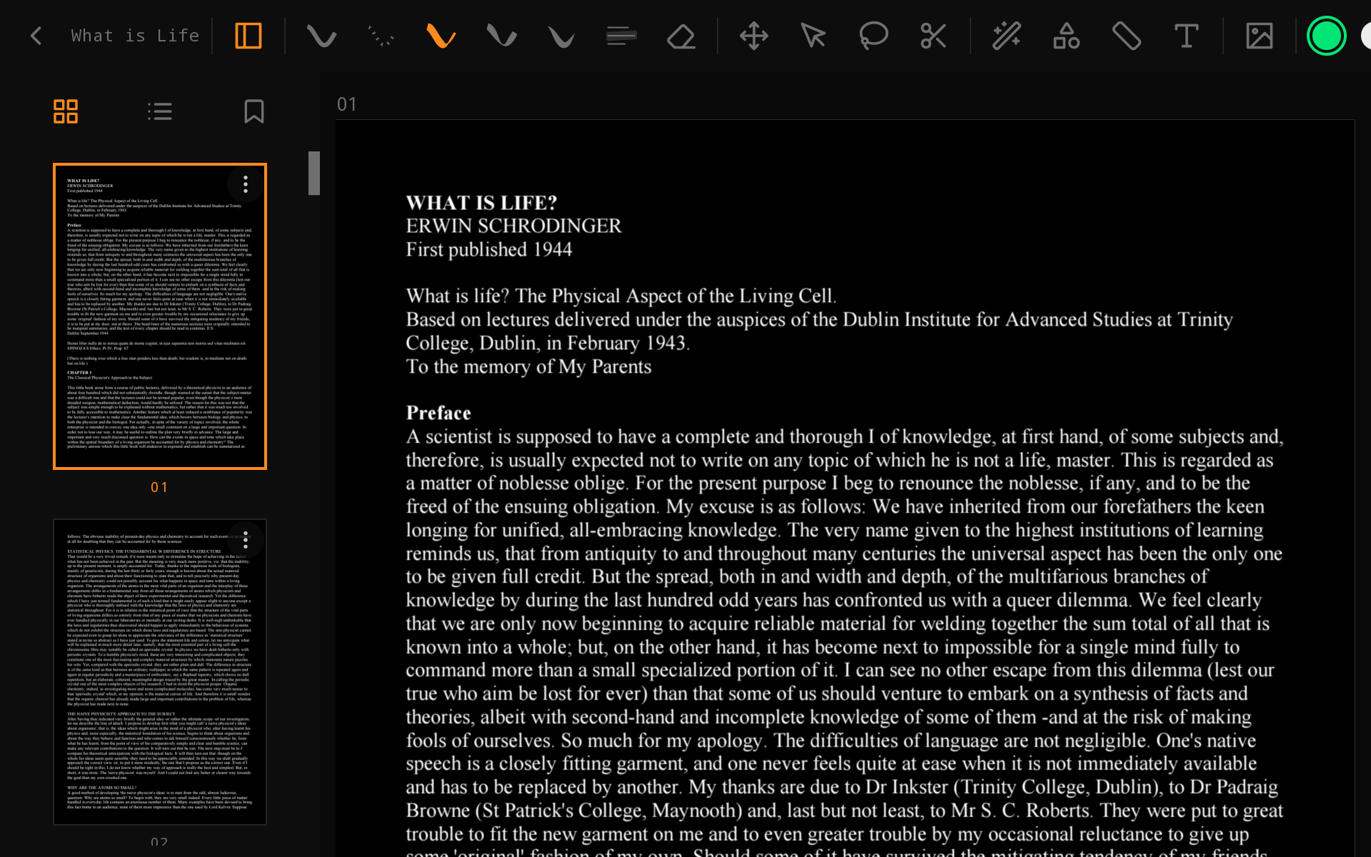 xnotes editor: a PDF open with the ink toolbar and page thumbnails