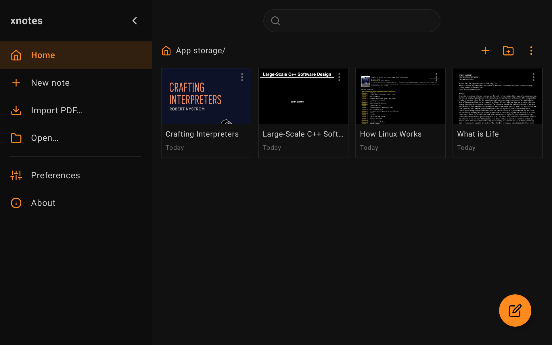 xnotes home screen: the file browser showing imported notes