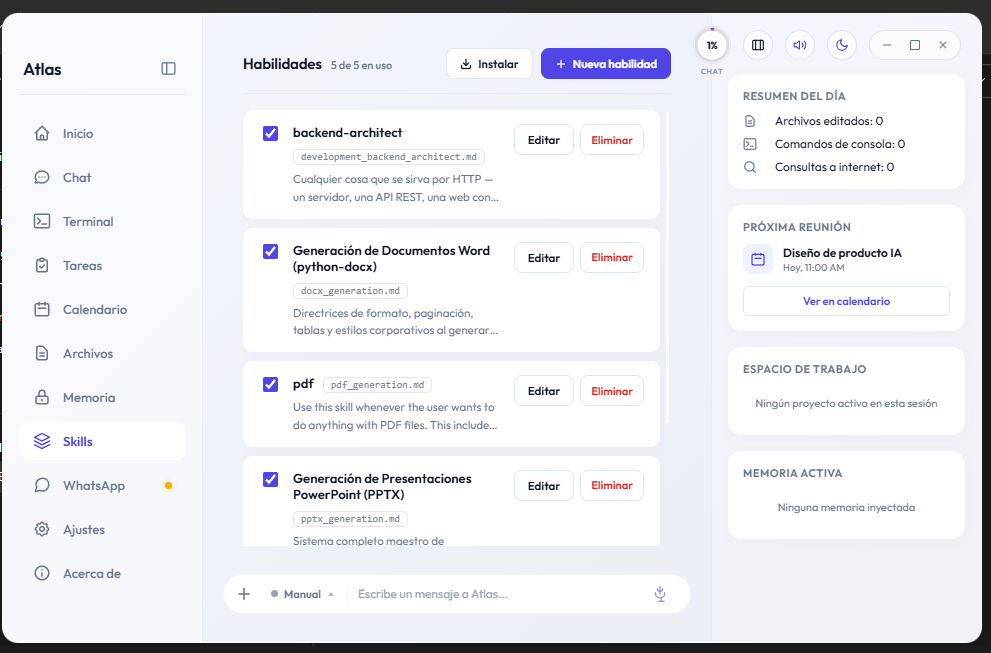 Habilidades instaladas: cada una con su instrucción propia, editable