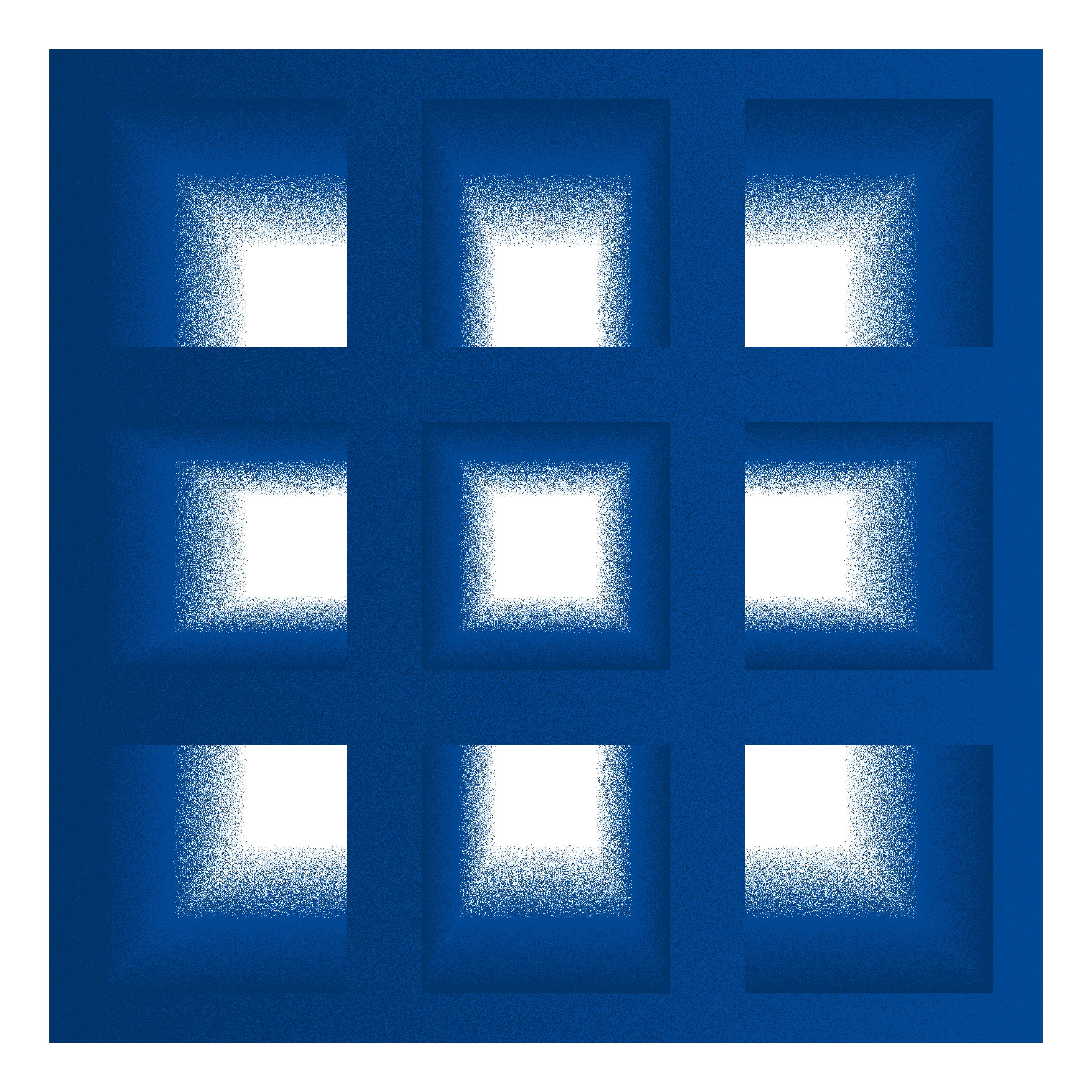 Nine white squares arranged in a three by three grid on a deep blue background. The four corner squares each have a gradient from deep blue to the white, but only on the sides of the squares that match their position. For example, the top right square's top and right sides go from blue on the outside to white on the inside, but the left and bottom sides are completely white. The other squares around the perimeter each have a gradient on all sides except their innermost side - the right perimeter square has a gradient from blue to white on all sides except the left. The center square has a gradient on all four sides.