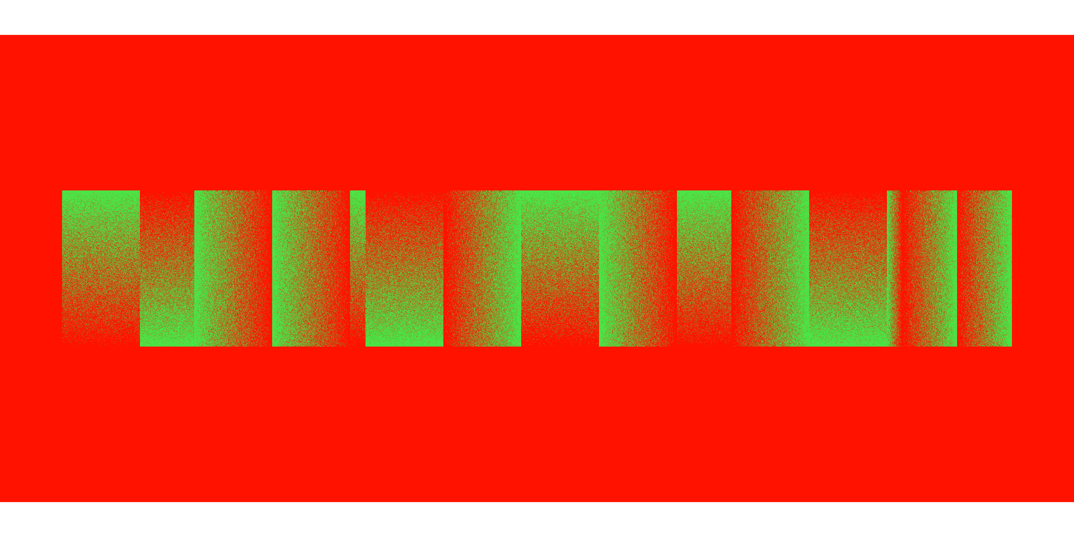 A series of fifteen gradients going from bright green to bright red. They vary in width and some are very narrow, but they are all the same height. Some of the gradients go vertically, from green to red or from red to green, and some go horizontally. They are all placed on top of a red rectangle, the same colour as the red in the gradient.