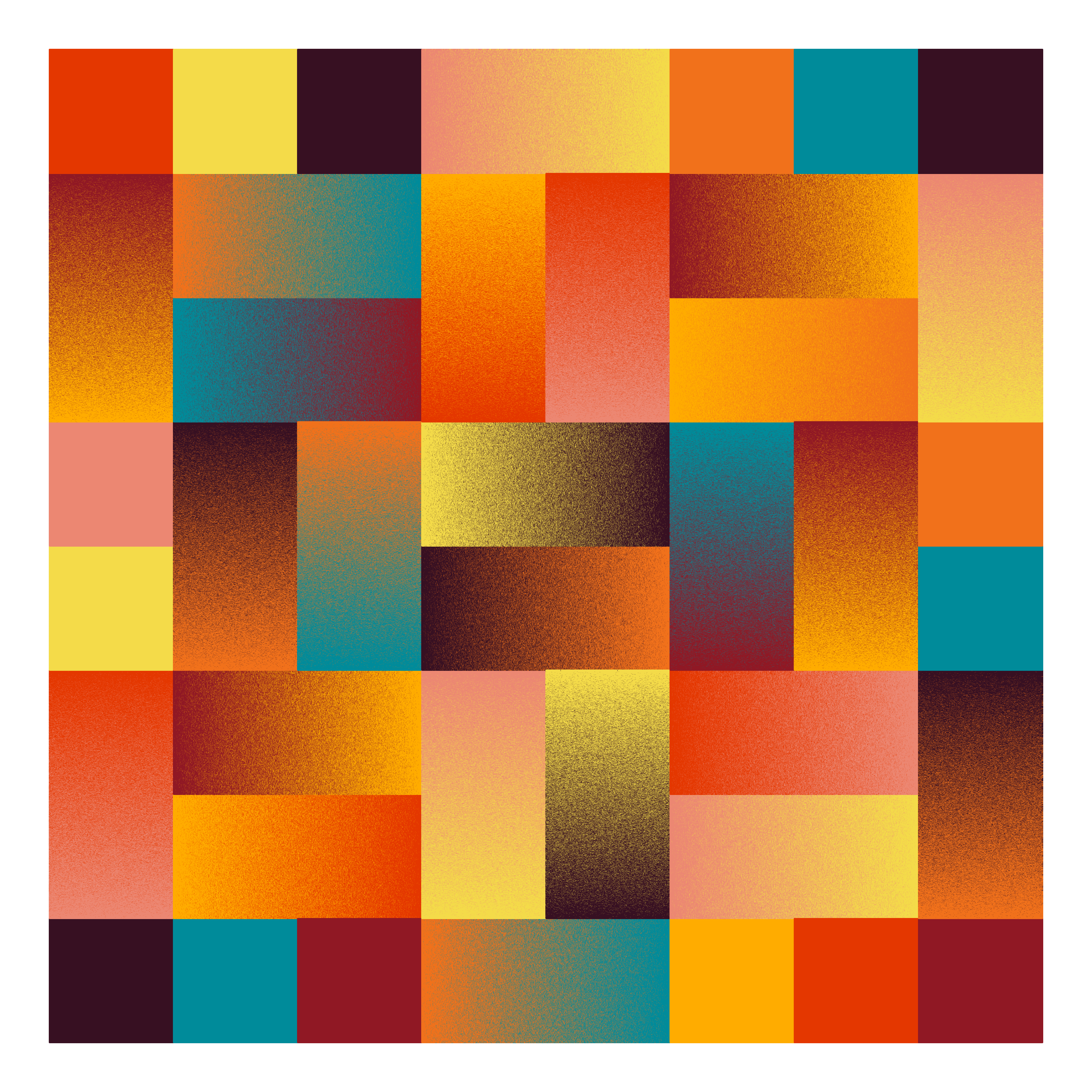 A grid of 8 tiles down and 8 tiles across in various colours of yellow, pink, orange, maroon, blue, and brown. Some of the tiles are squares of solid colors. Some are rectangles with two squares combined, either horizontally or vertically, forming a gradient of their respective colors for example a gradient from light yellow to pink or gold to orange.