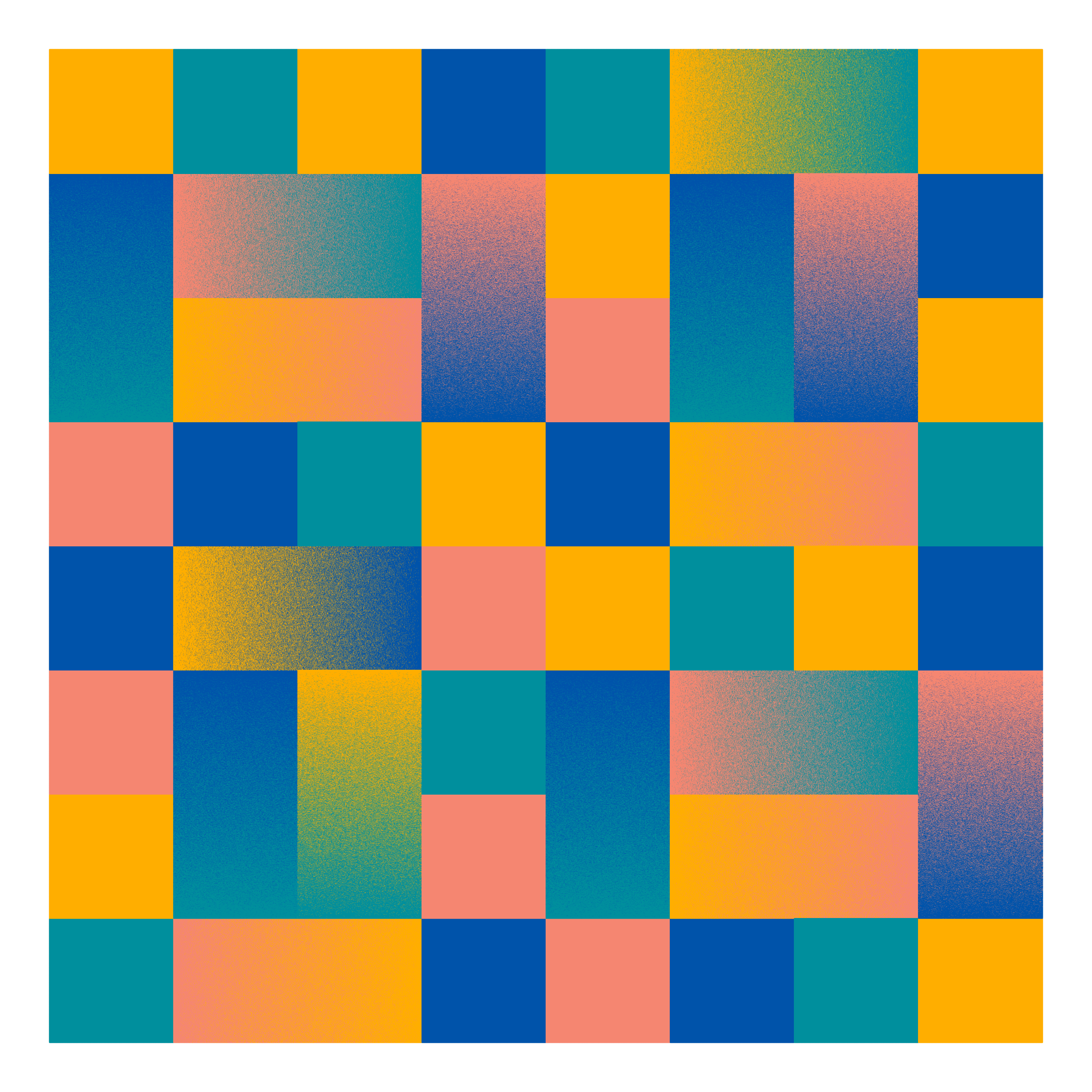 A grid of 8 tiles down and 8 tiles across in various colours of teal mustard dark blue and salmon with a grey border. Some of the tiles are squares of solid colors. Some are rectangles with two squares combined, either horizontally or vertically, forming a gradient of their respective colors for example a gradient from salmon to dark blue.