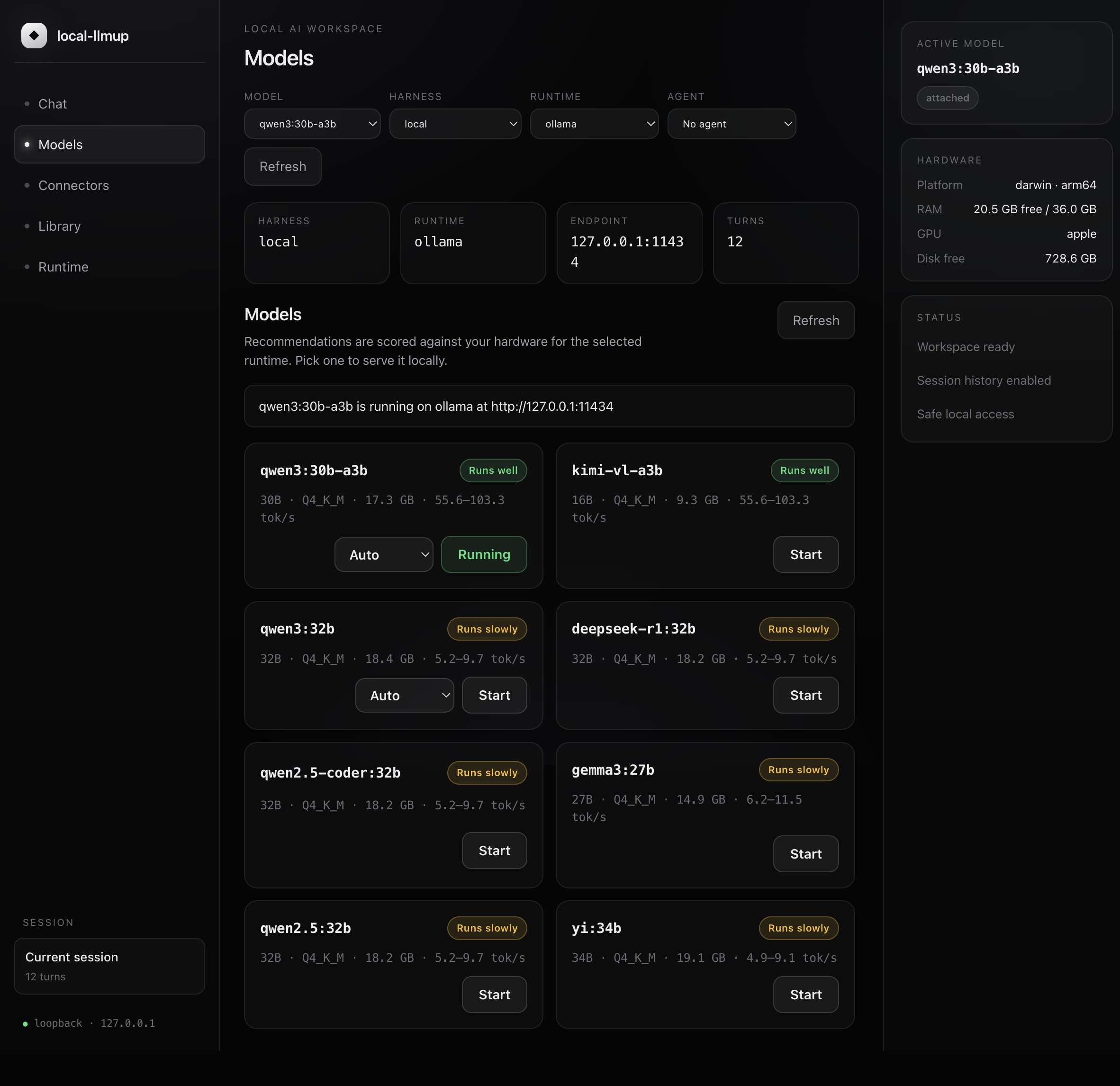 local-llmup browser workspace showing recommended local models with yes, slow and no verdicts