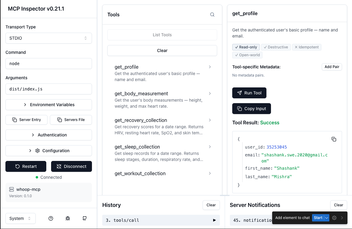 MCP Inspector — get_profile tool result
