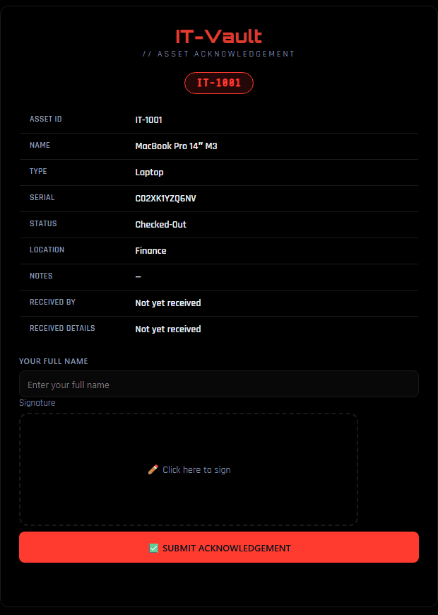 The asset acknowledgement page: asset details, a name field and a signature pad