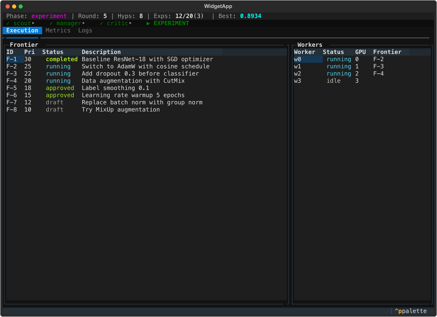 Execution tab — frontier + parallel workers