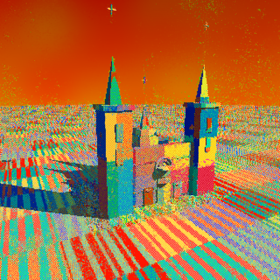 Gothic cathedral 3D lift — twin towers, spires, and crossing tower against a warm sky, rendered by BOB GPU. The 2D code from this same prompt failed to render (NaN bug in polygon SDF) but the lift LLM read the code as semantic structure and produced this 3D scene anyway.
