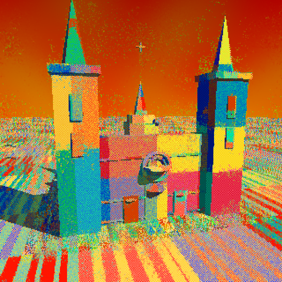 Gothic cathedral 3D lift — 3/4 view emphasising the rose window, lancet portals, and pitched roof between the twin bell towers, with autoscope-style sand painting post-FX. Same prompt, different camera angle reached by WASD fly explore.